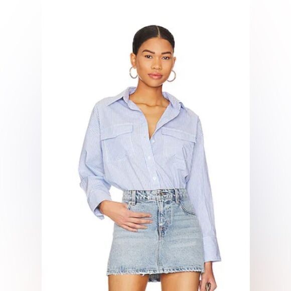 NWT Blank NYC Oversized Stripe Collared Shirt in Blue Sky Size L - Picture 1 of 12